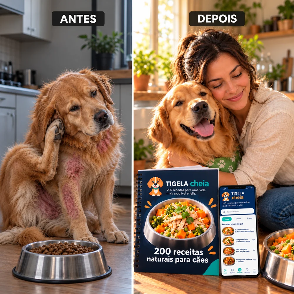 Antes e depois de um Golden Retriever com a comida do Tigela Cheia