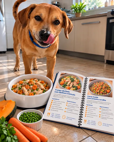 Cachorro caramelo lambendo o focinho ao lado de uma tigela de comida caseira e do livro de receitas aberto